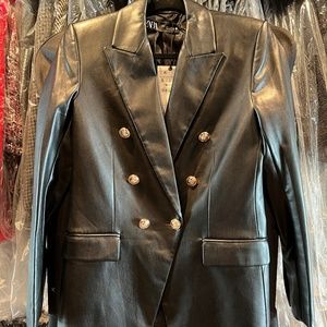 Zara Black Faux Leather Double Breasted Blazer with Gold Buttons